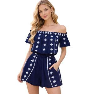 Japna Juniors XS Blue White Strapless Ruffle Boho Aztec Romper